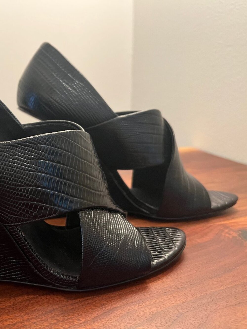 ALEXANDER WANG Ida Lizard Leather Peep Toe Wedge Sandals | Black | Size 38